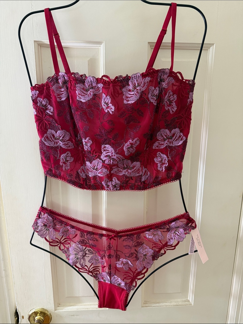 Victoria's Secret Red & Lavender Floral Embroidered Corset Set